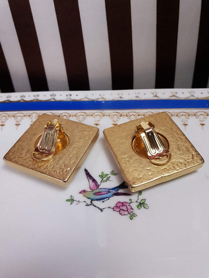 Vintage 1980s Gold Square Earrings Statement Clip On Resin Marbled Brown