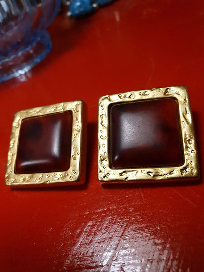 Vintage 1980s Gold Square Earrings Statement Clip On Resin Marbled Brown