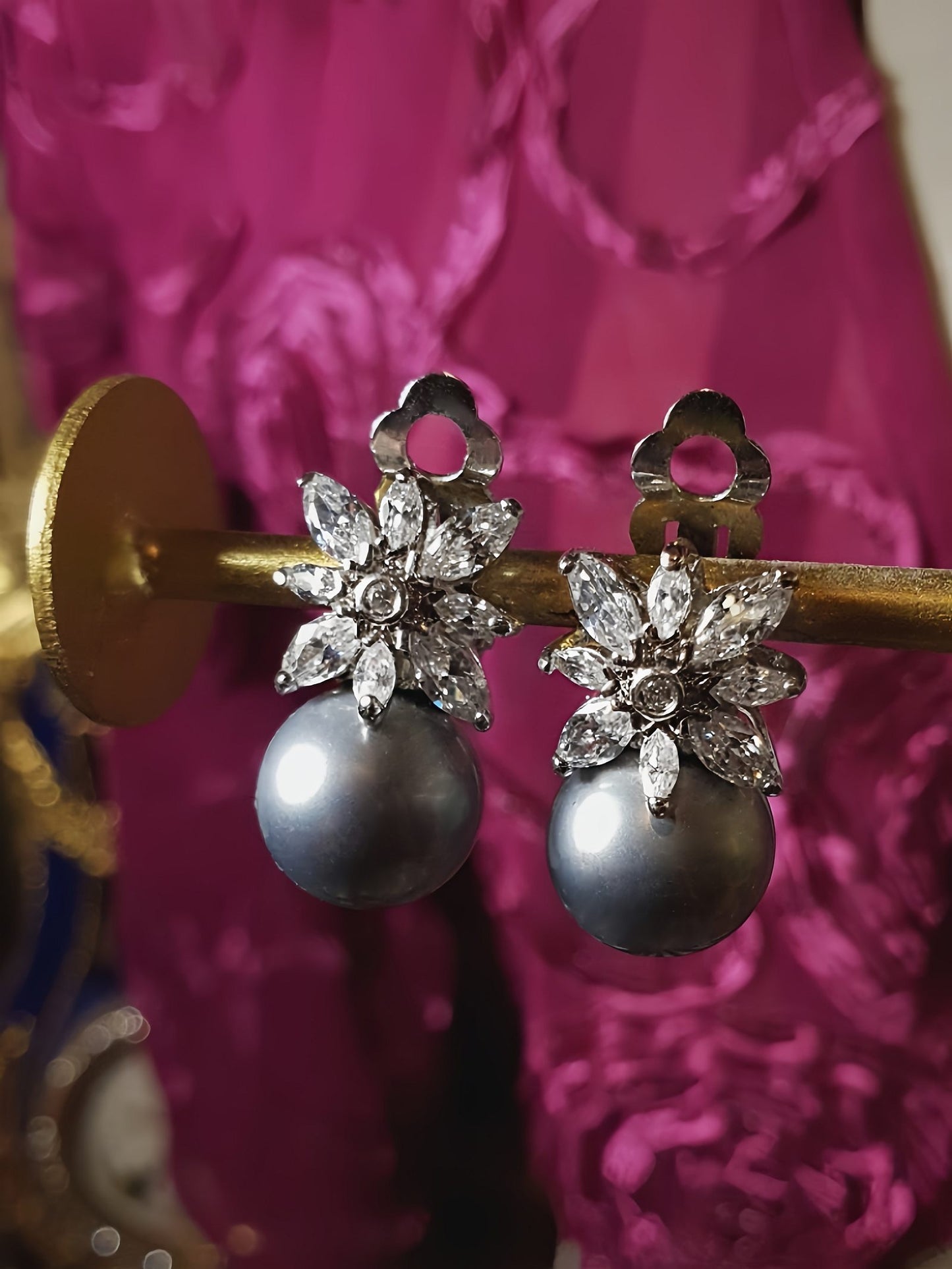Vintage 1980s Grey Pearl Earrings Rhinestone Flower Clip Ons