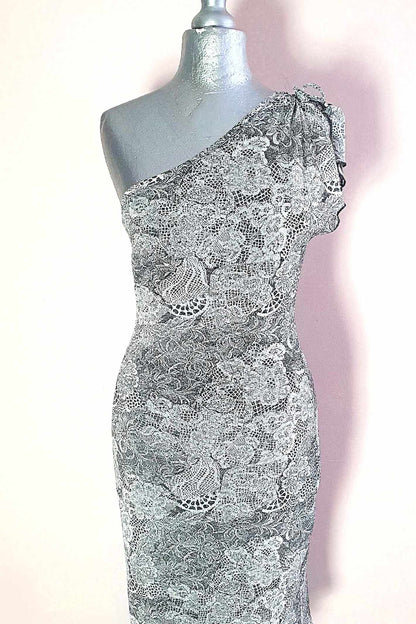Vintage 80s Party Dress Off-the-shoulder 1980s Black & White Floral Glitter  - Size 8