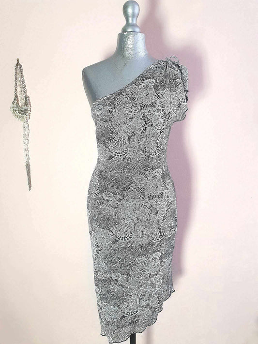 Vintage 80s Party Dress Off-the-shoulder 1980s Black & White Floral Glitter  - Size 8