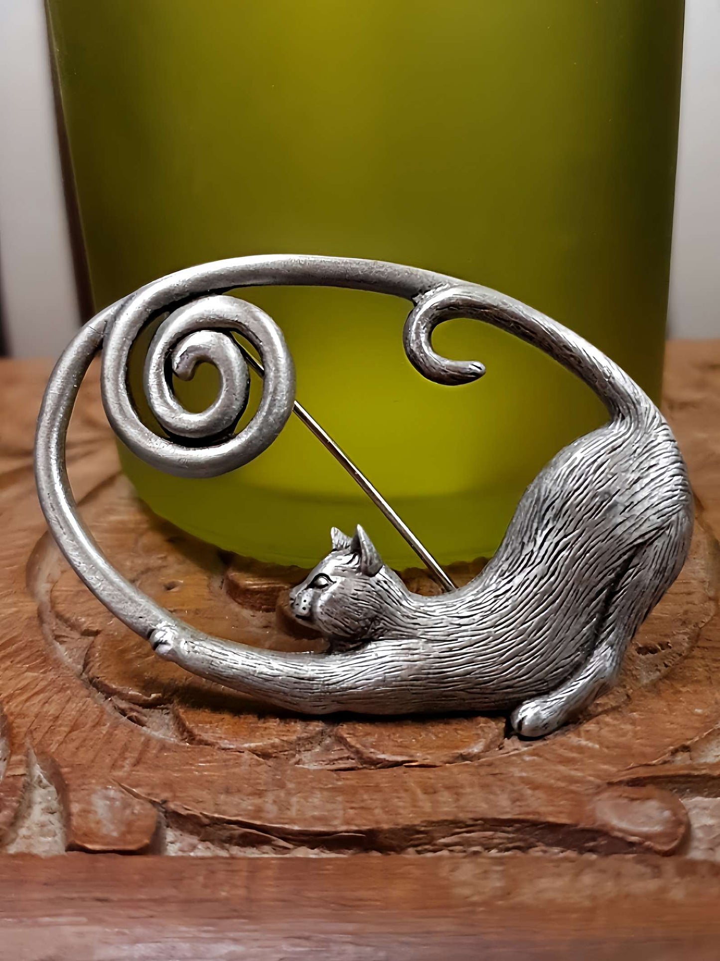 Vintage 1980s Jonette Jewelry Cat Brooch Pewter JJ Signed