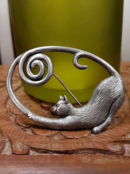 Vintage 1980s Jonette Jewelry Cat Brooch Pewter JJ Signed