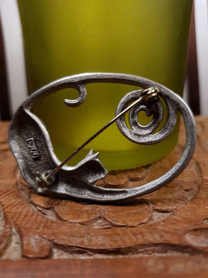 Vintage 1980s Jonette Jewelry Cat Brooch Pewter JJ Signed