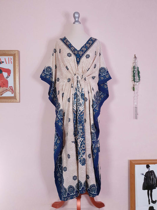 Vintage Blue Floral Boho Kaftan 1980s Bohemian Caftan Maxi Long