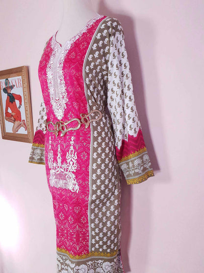Vintage Boho Cotton Pink Green Kaftan 1980s Bohemian Women's Caftan -  Size 18