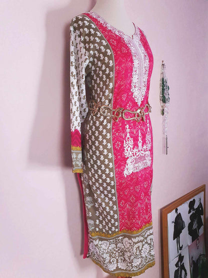 Vintage Boho Cotton Pink Green Kaftan 1980s Bohemian Women's Caftan -  Size 18