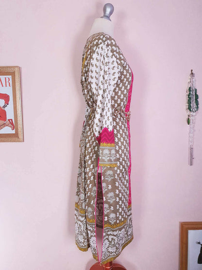 Vintage Boho Cotton Pink Green Kaftan 1980s Bohemian Women's Caftan -  Size 18