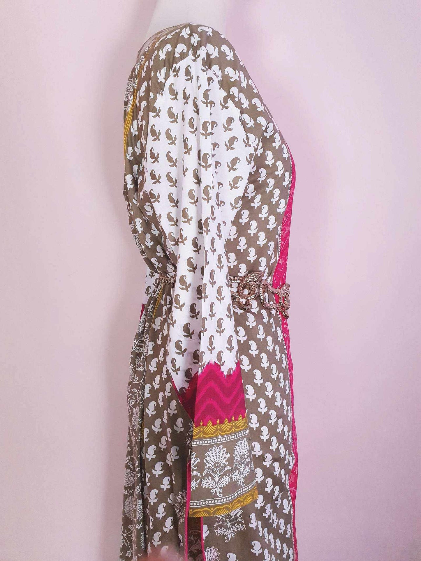 Vintage Boho Cotton Pink Green Kaftan 1980s Bohemian Women's Caftan -  Size 18