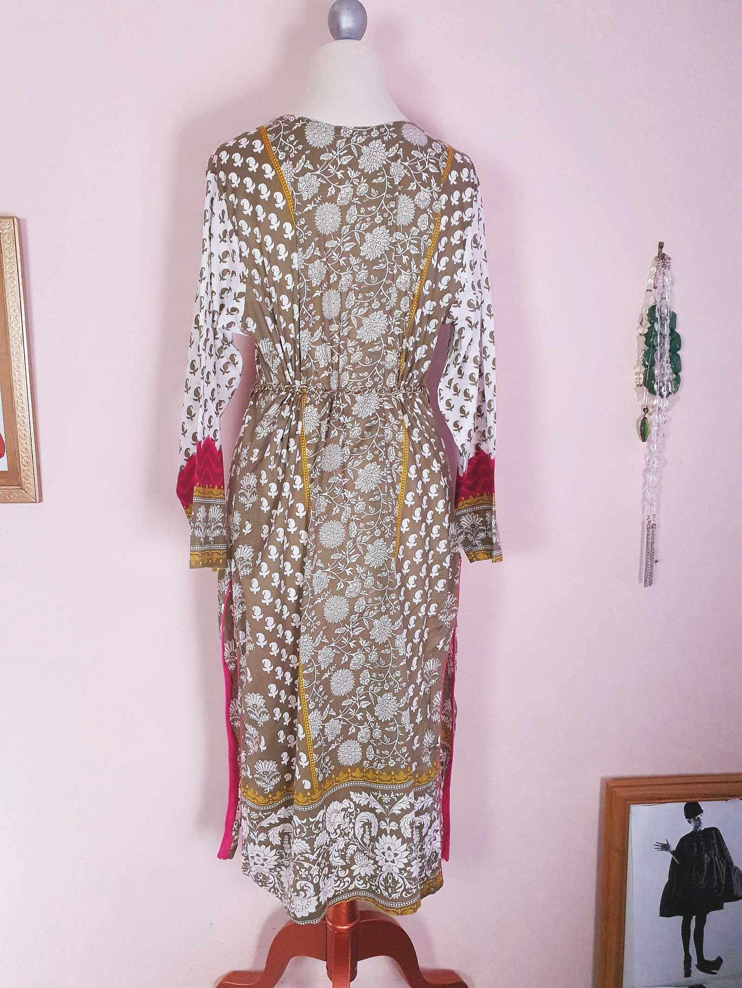 Vintage Boho Cotton Pink Green Kaftan 1980s Bohemian Women's Caftan -  Size 18