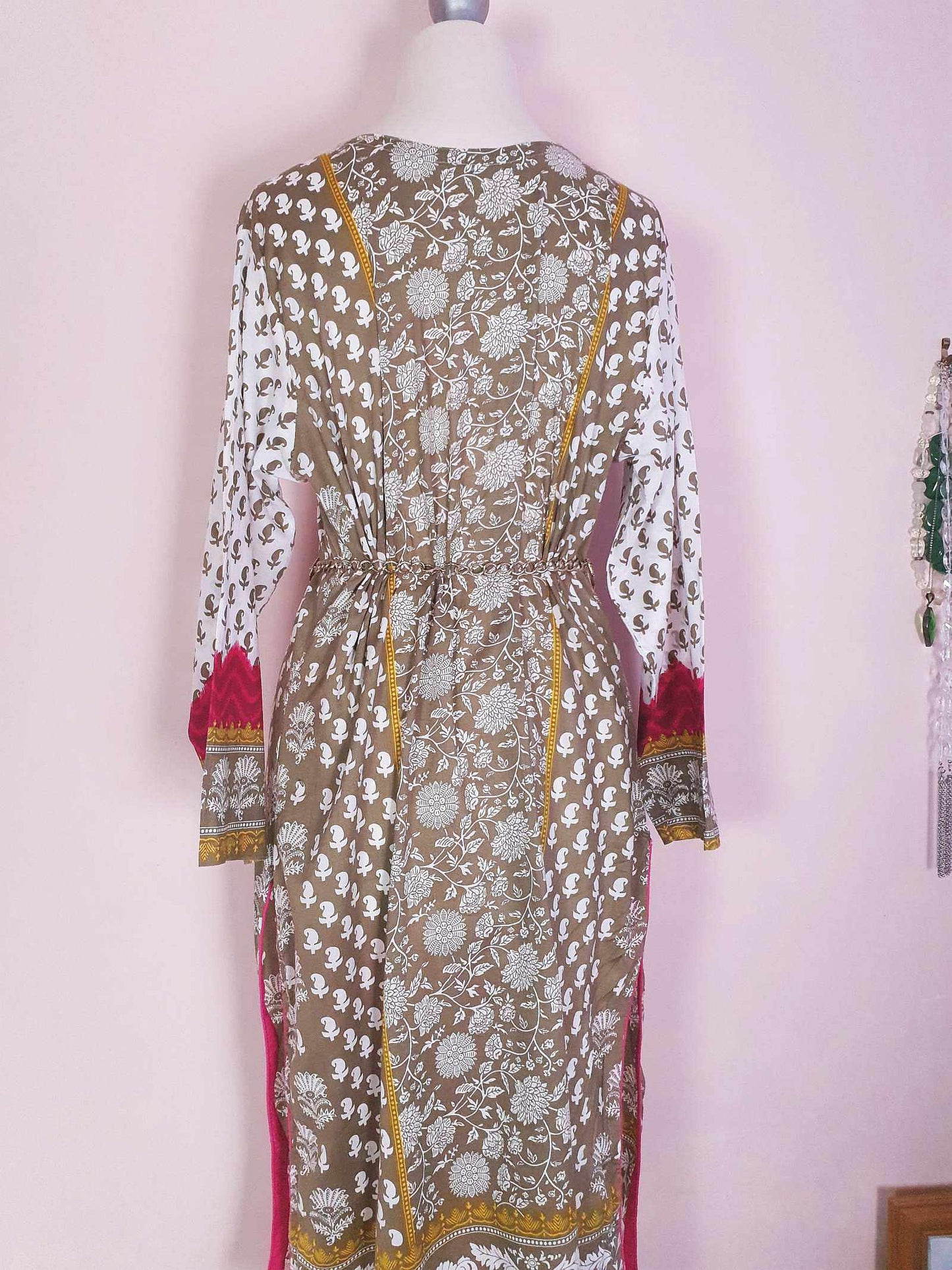 Vintage Boho Cotton Pink Green Kaftan 1980s Bohemian Women's Caftan -  Size 18
