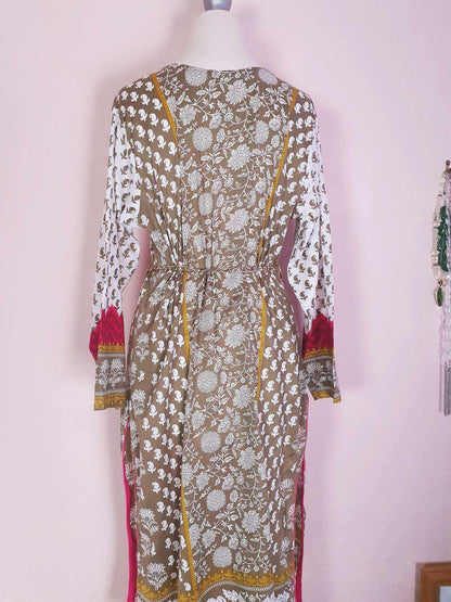 Vintage Boho Cotton Pink Green Kaftan 1980s Bohemian Women's Caftan -  Size 18