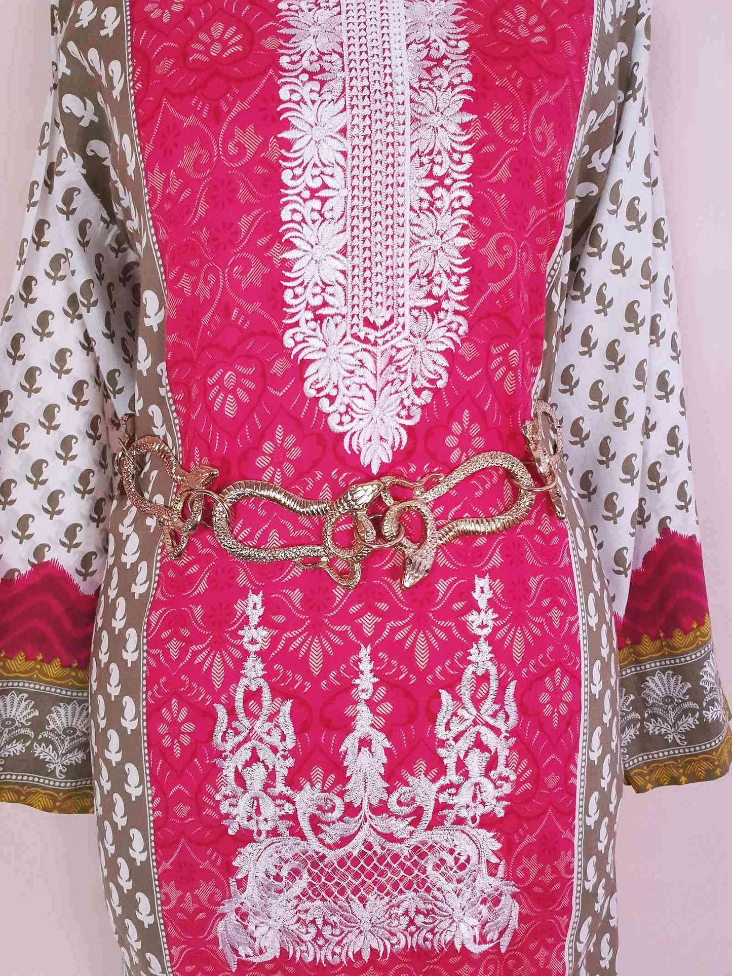 Vintage Boho Cotton Pink Green Kaftan 1980s Bohemian Women's Caftan -  Size 18