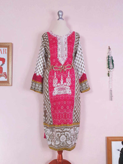 Vintage Boho Cotton Pink Green Kaftan 1980s Bohemian Women's Caftan -  Size 18