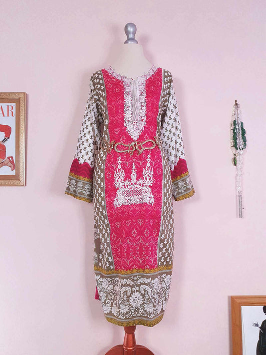 Vintage Boho Cotton Pink Green Kaftan 1980s Bohemian Women's Caftan -  Size 18