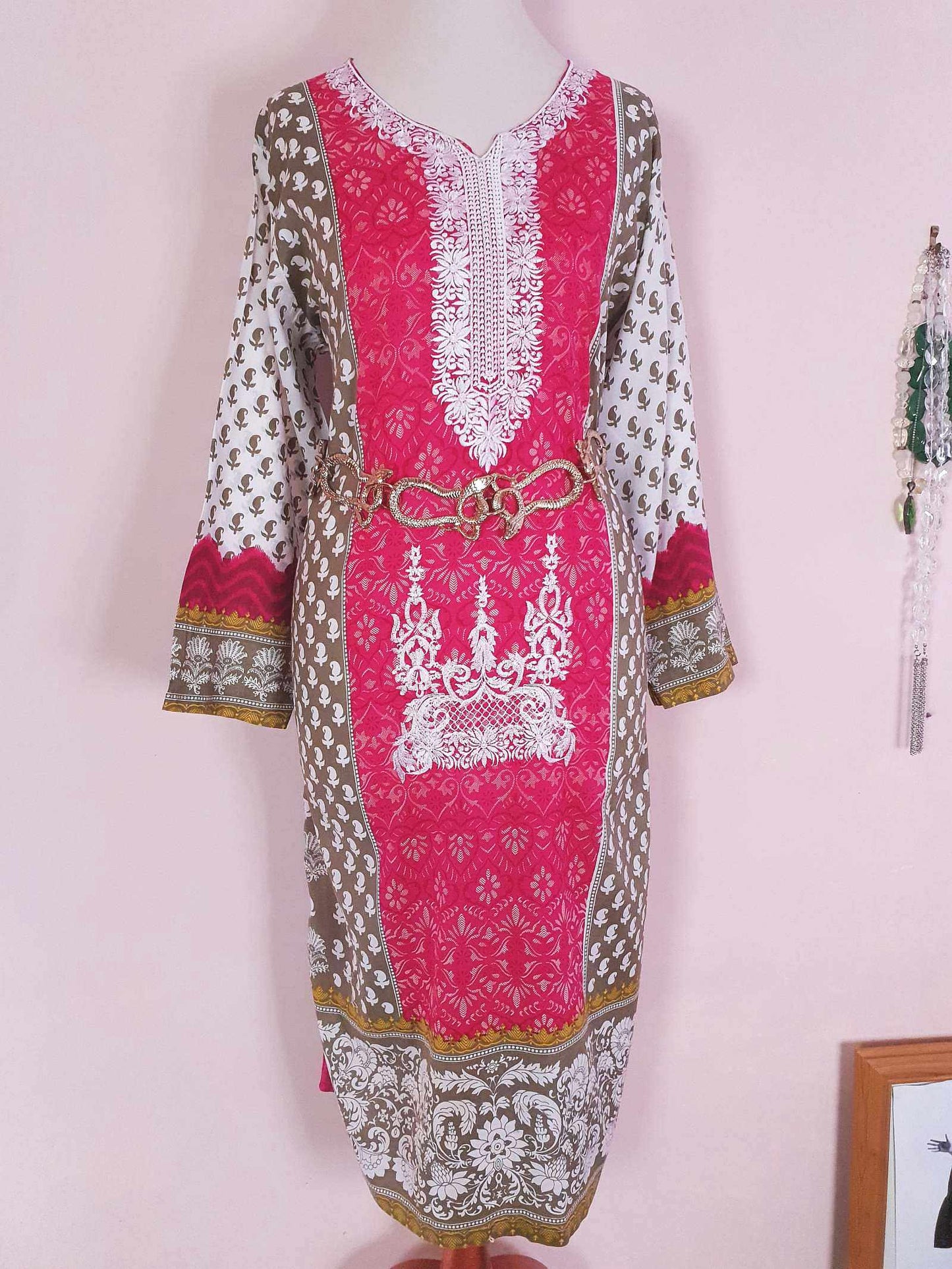 Vintage Boho Cotton Pink Green Kaftan 1980s Bohemian Women's Caftan -  Size 18