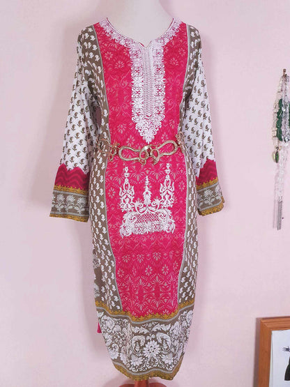 Vintage Boho Cotton Pink Green Kaftan 1980s Bohemian Women's Caftan -  Size 18