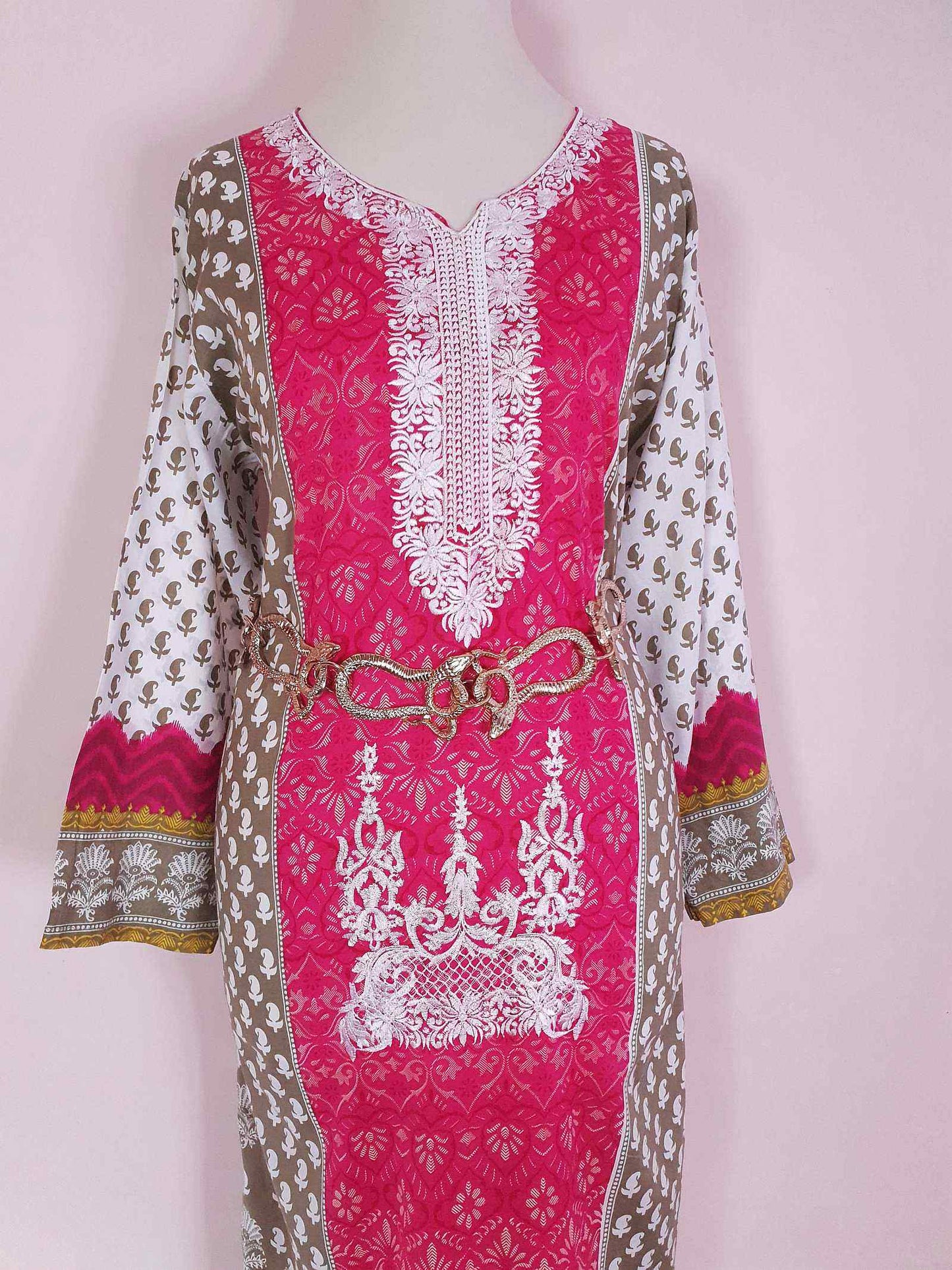 Vintage Boho Cotton Pink Green Kaftan 1980s Bohemian Women's Caftan -  Size 18