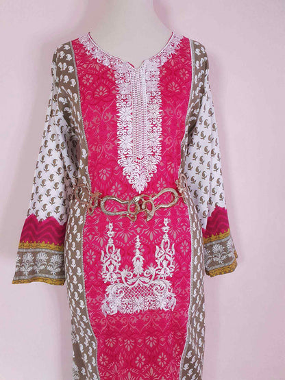 Vintage Boho Cotton Pink Green Kaftan 1980s Bohemian Women's Caftan -  Size 18
