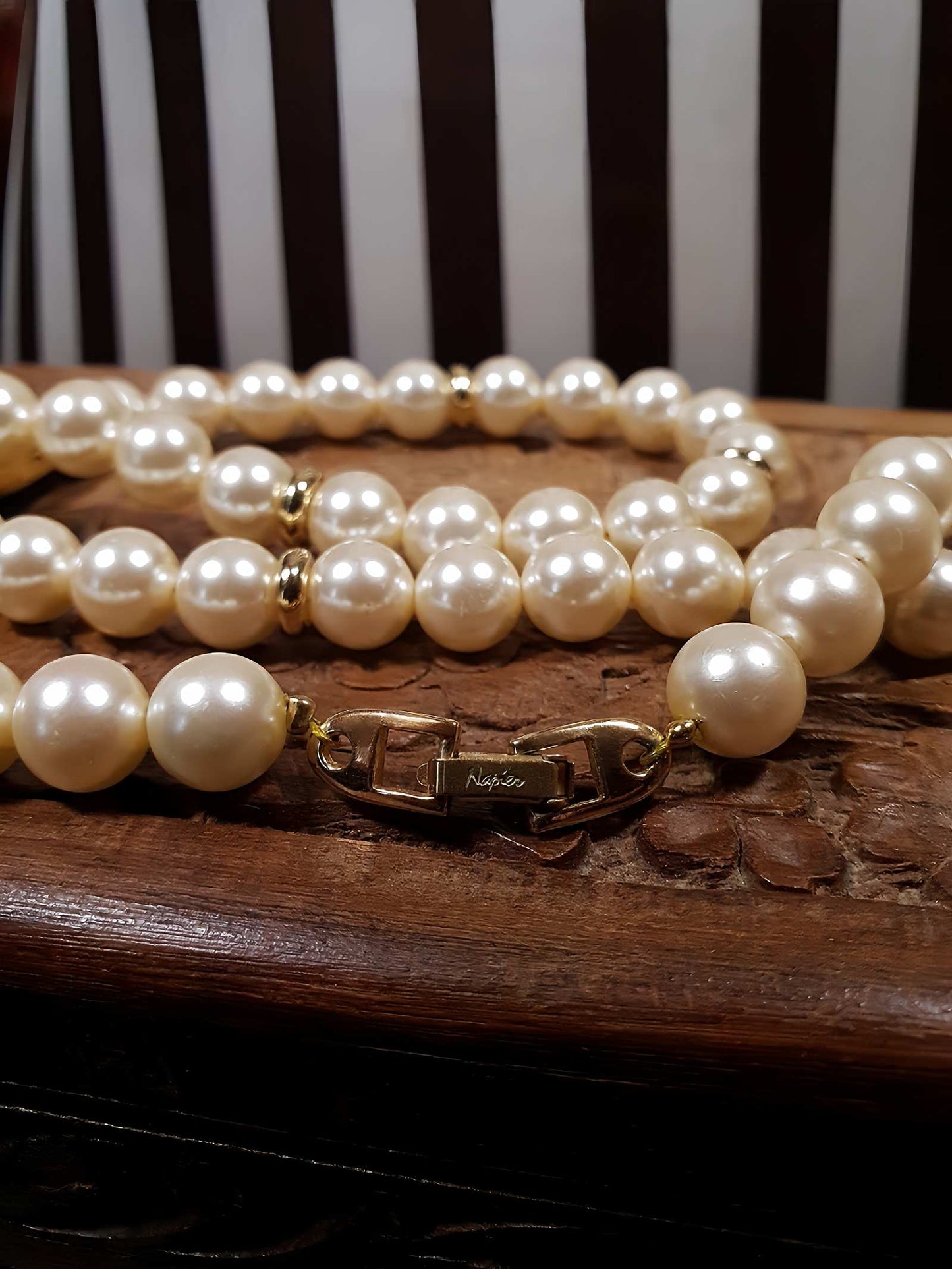 Vintage 1980s Napier Faux Pearl Necklace 24" Signed Gold Tone