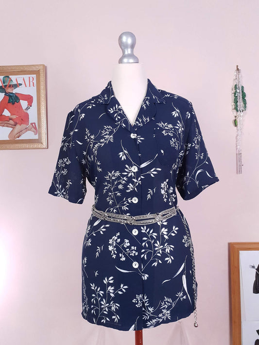 Vintage 1980s Navy Blue Floral Top Size 12 / 14 Chiffon Blouse