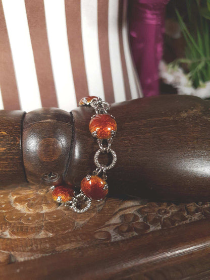 Vintage 1980s Cabochon Bracelet Deep Orange Silver Tone