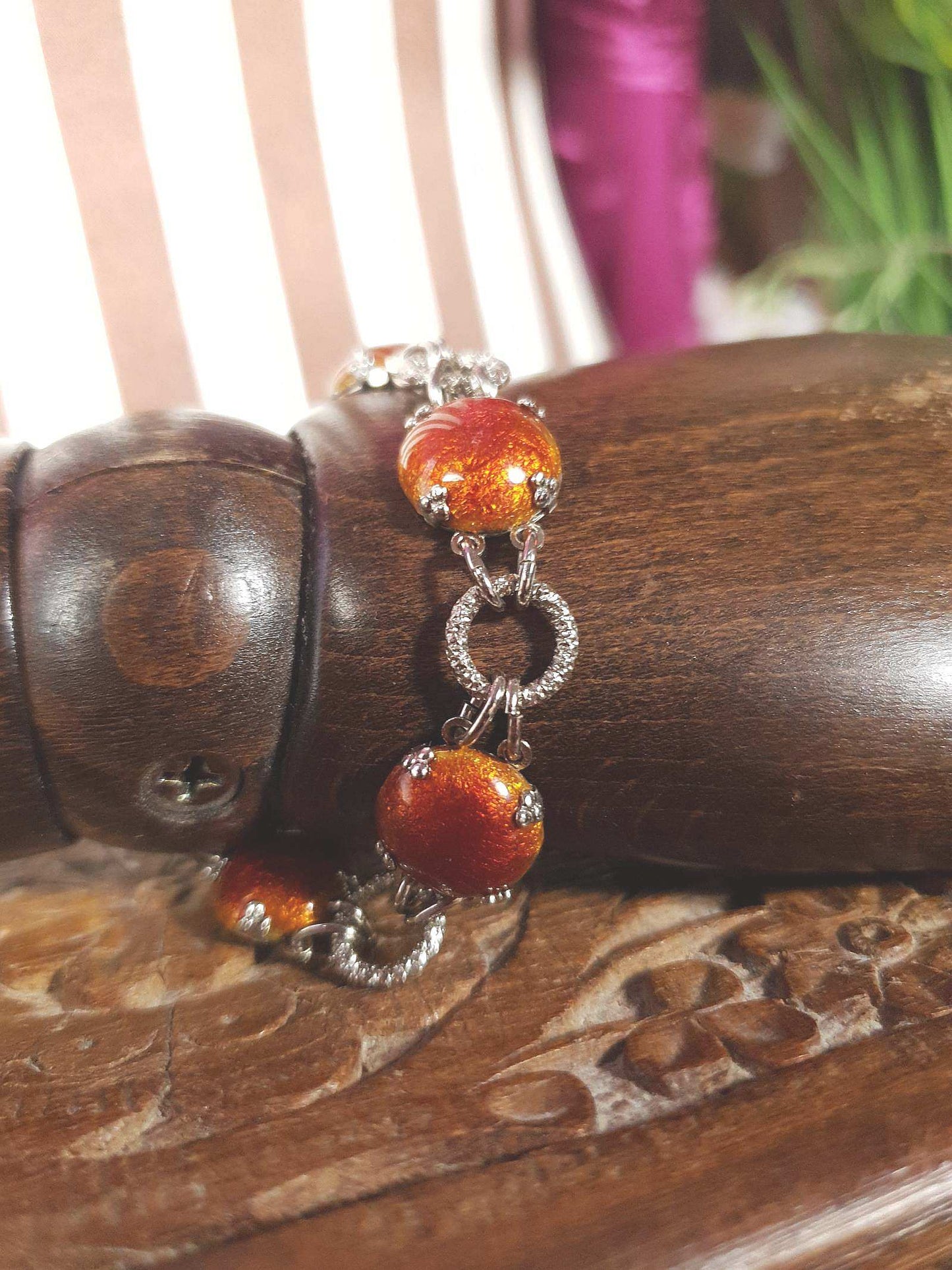 Vintage 1980s Cabochon Bracelet Deep Orange Silver Tone