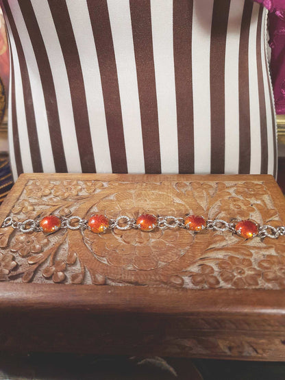 Vintage 1980s Cabochon Bracelet Deep Orange Silver Tone