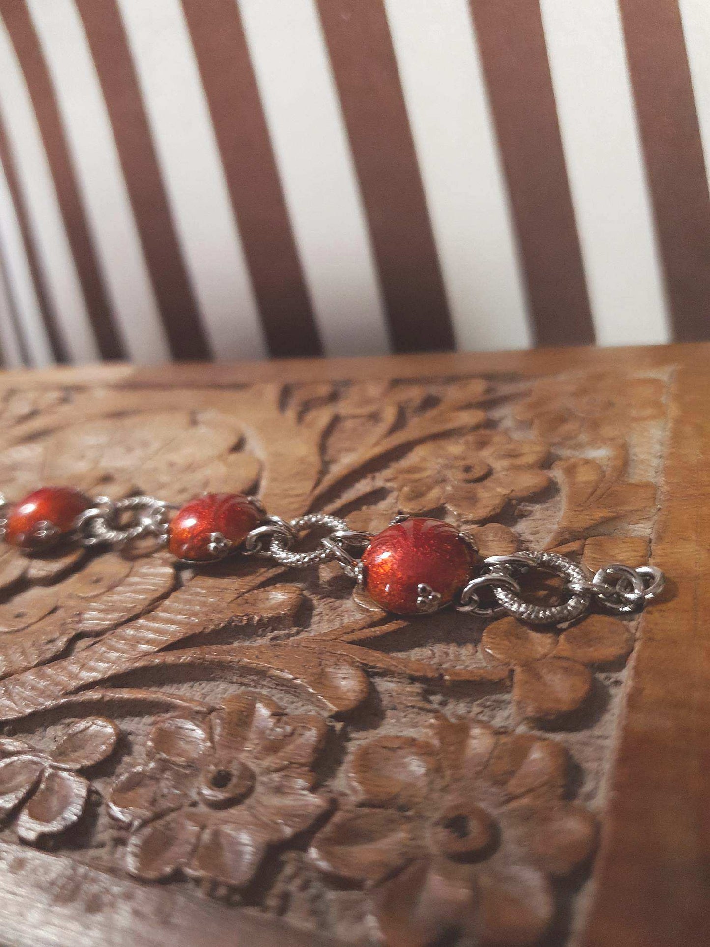 Vintage 1980s Cabochon Bracelet Deep Orange Silver Tone