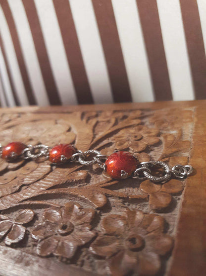 Vintage 1980s Cabochon Bracelet Deep Orange Silver Tone