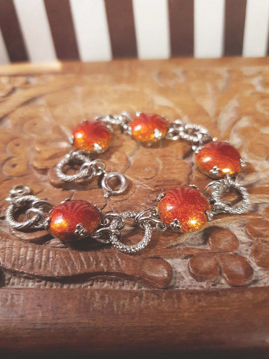 Vintage 1980s Cabochon Bracelet Deep Orange Silver Tone