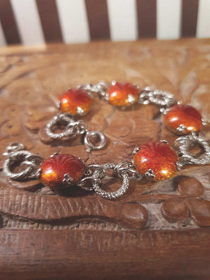 Vintage 1980s Cabochon Bracelet Deep Orange Silver Tone