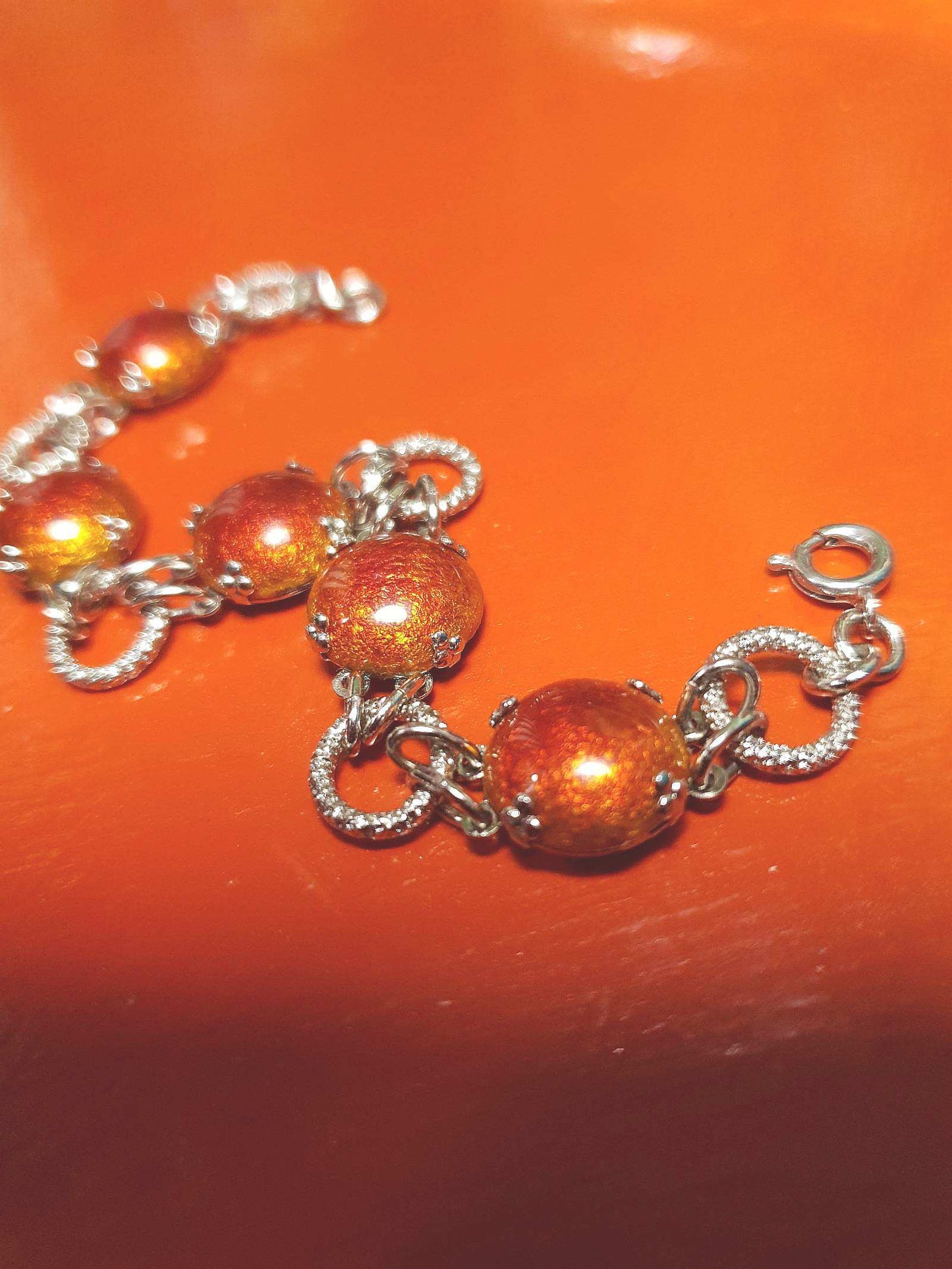Vintage 1980s Cabochon Bracelet Deep Orange Silver Tone
