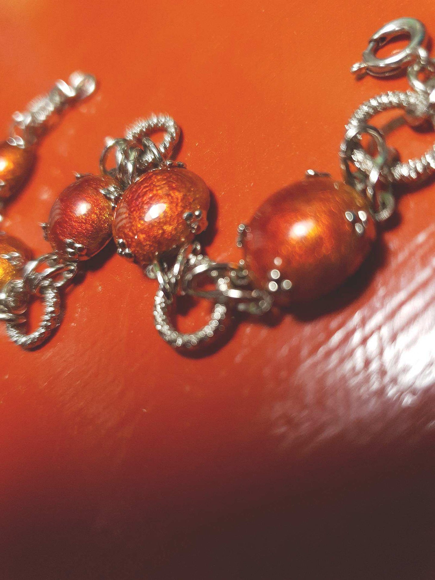 Vintage 1980s Cabochon Bracelet Deep Orange Silver Tone