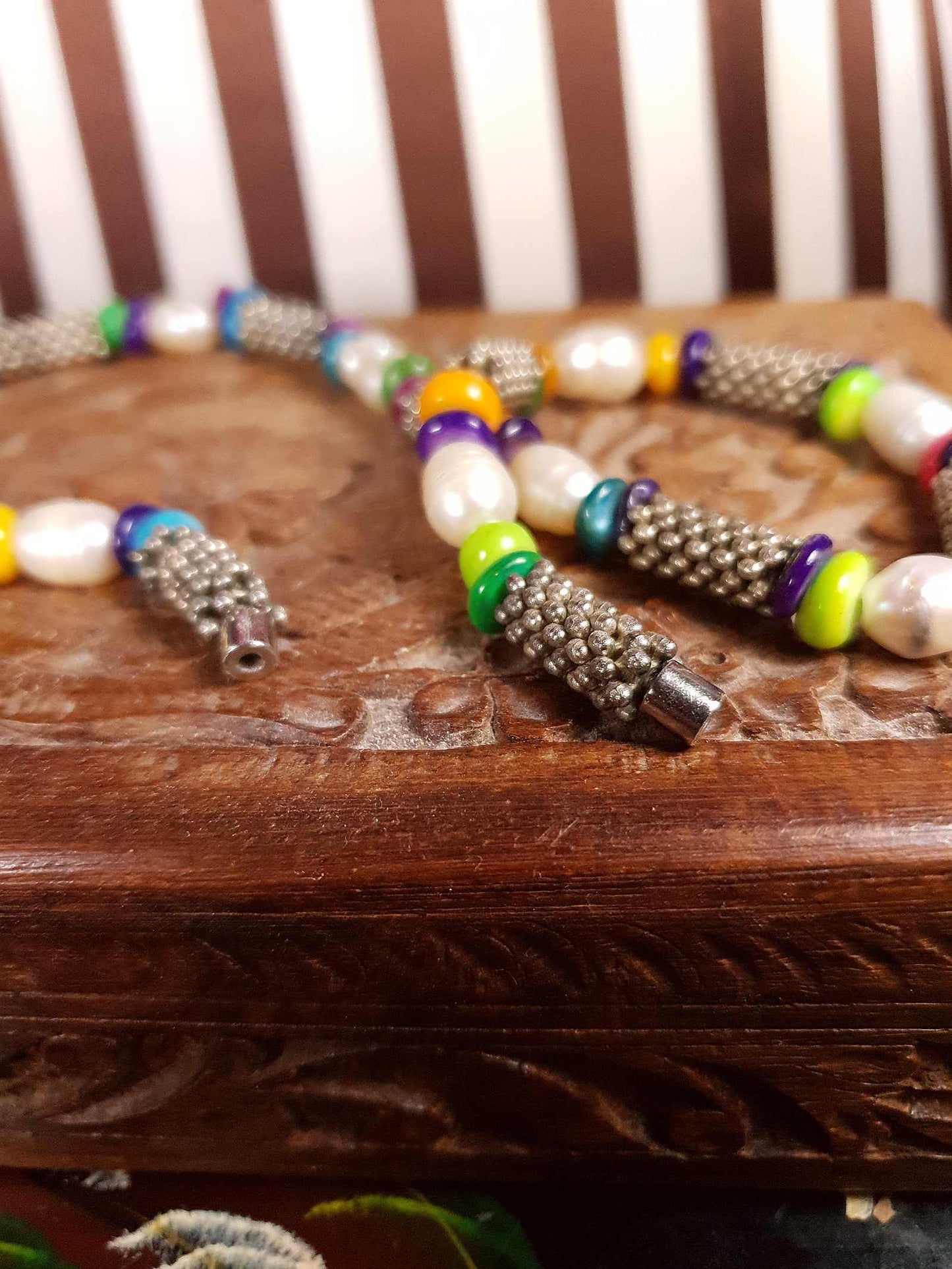 Vintage 1980s Freshwater Pearl Boho Necklace 18.5" Multi Coloured Bead Bohemian