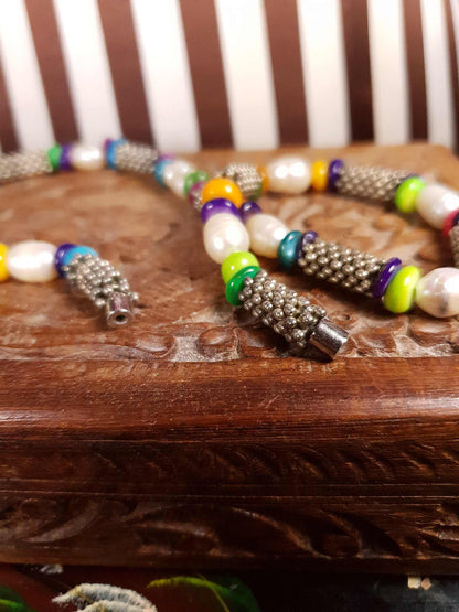 Vintage 1980s Freshwater Pearl Boho Necklace 18.5" Multi Coloured Bead Bohemian
