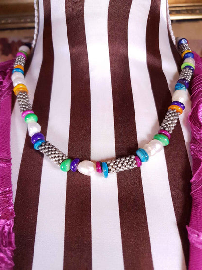 Vintage 1980s Freshwater Pearl Boho Necklace 18.5" Multi Coloured Bead Bohemian