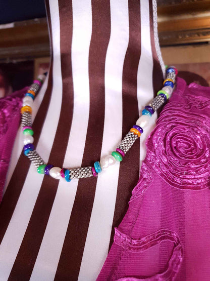 Vintage 1980s Freshwater Pearl Boho Necklace 18.5" Multi Coloured Bead Bohemian