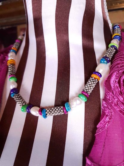 Vintage 1980s Freshwater Pearl Boho Necklace 18.5" Multi Coloured Bead Bohemian