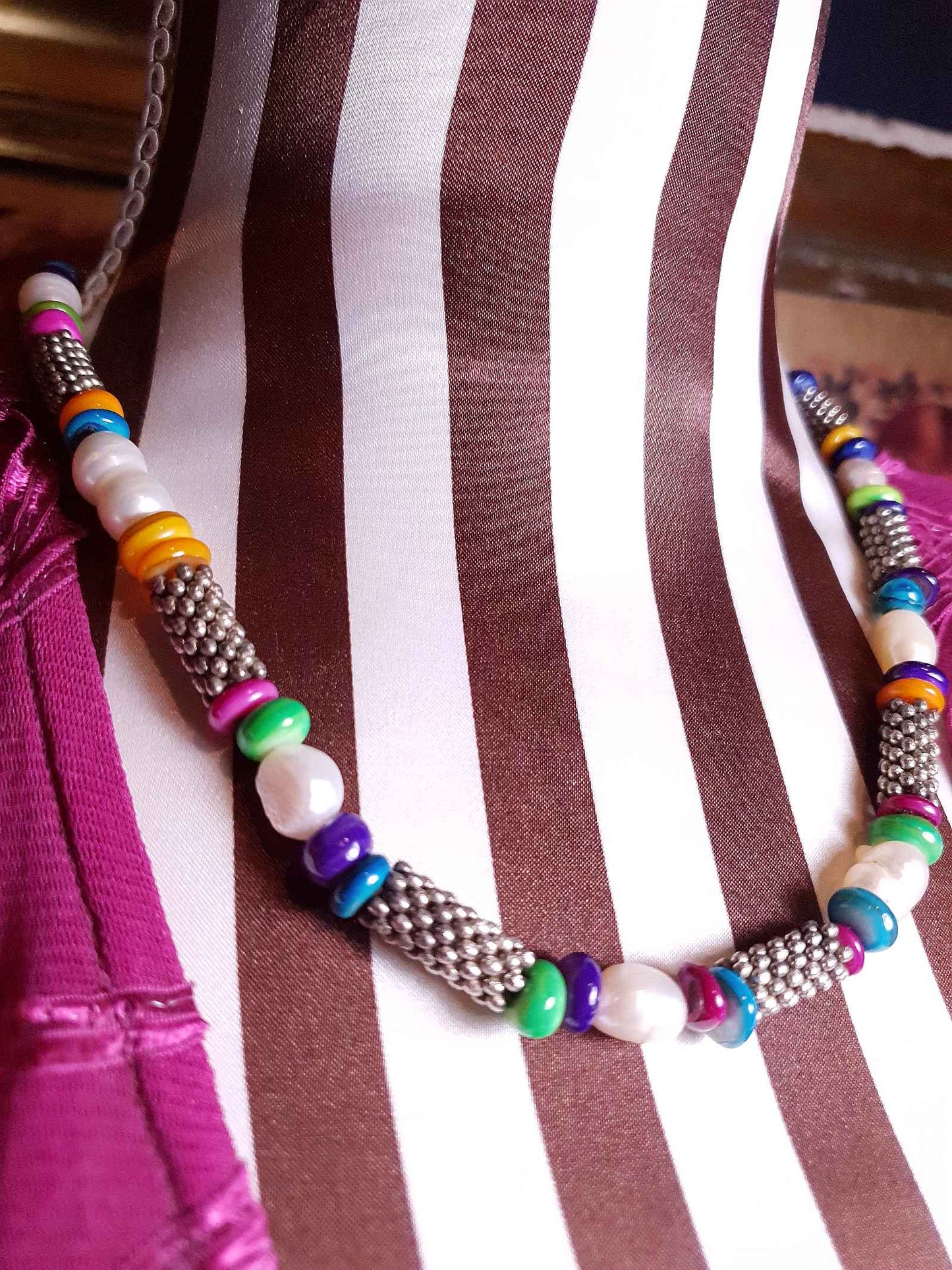 Vintage 1980s Freshwater Pearl Boho Necklace 18.5" Multi Coloured Bead Bohemian