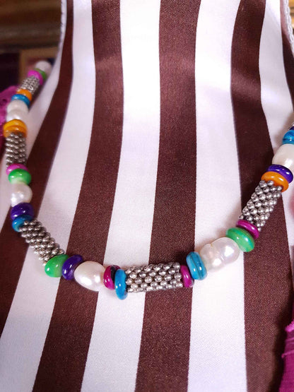 Vintage 1980s Freshwater Pearl Boho Necklace 18.5" Multi Coloured Bead Bohemian
