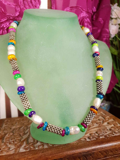Vintage 1980s Freshwater Pearl Boho Necklace 18.5" Multi Coloured Bead Bohemian