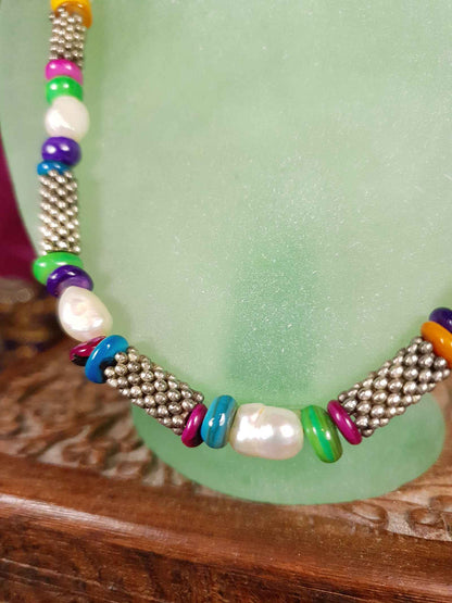 Vintage 1980s Freshwater Pearl Boho Necklace 18.5" Multi Coloured Bead Bohemian