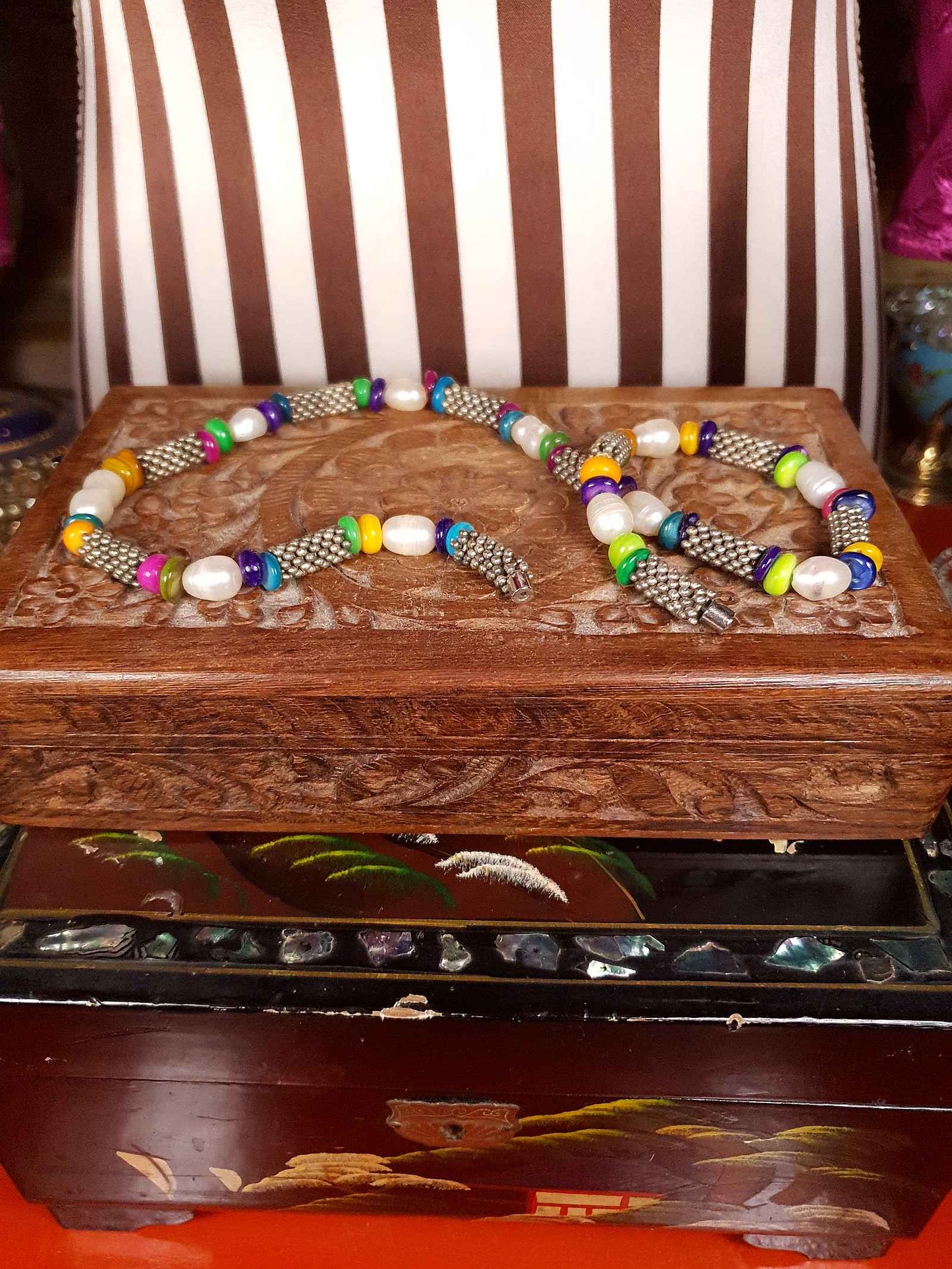 Vintage 1980s Freshwater Pearl Boho Necklace 18.5" Multi Coloured Bead Bohemian