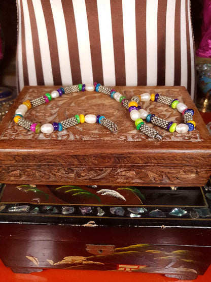 Vintage 1980s Freshwater Pearl Boho Necklace 18.5" Multi Coloured Bead Bohemian