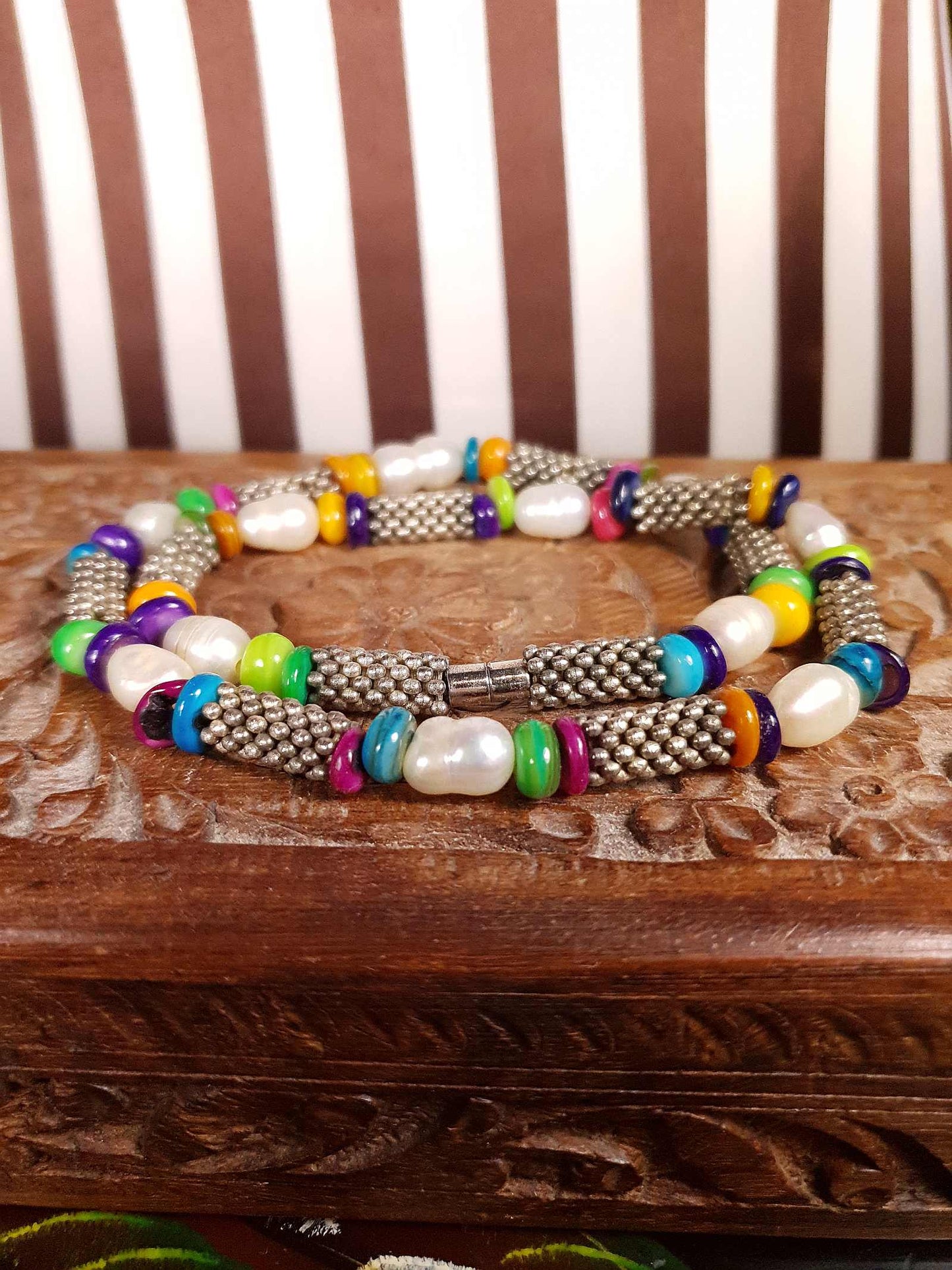 Vintage 1980s Freshwater Pearl Boho Necklace 18.5" Multi Coloured Bead Bohemian