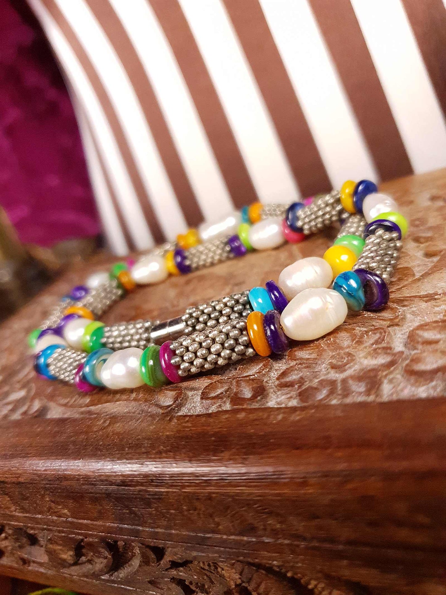 Vintage 1980s Freshwater Pearl Boho Necklace 18.5" Multi Coloured Bead Bohemian