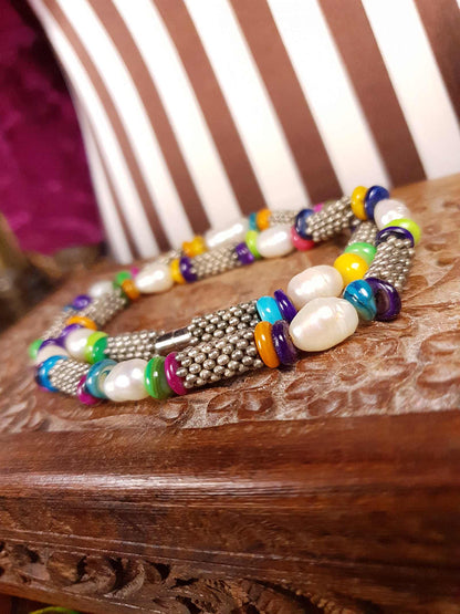 Vintage 1980s Freshwater Pearl Boho Necklace 18.5" Multi Coloured Bead Bohemian