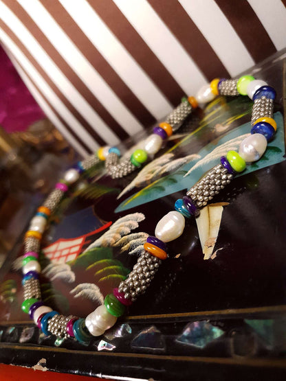 Vintage 1980s Freshwater Pearl Boho Necklace 18.5" Multi Coloured Bead Bohemian
