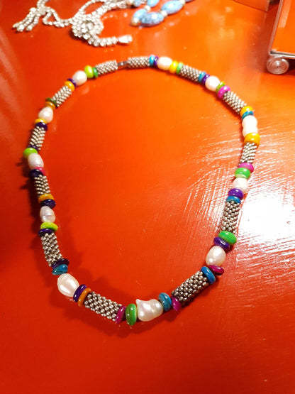 Vintage 1980s Freshwater Pearl Boho Necklace 18.5" Multi Coloured Bead Bohemian